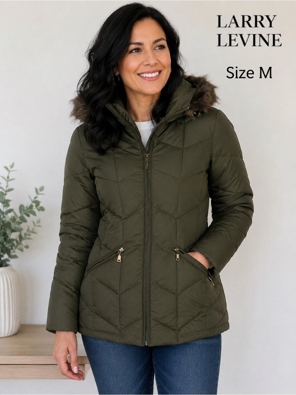 LARRY LEVINE faux hooded puffer olive green women size M insulated winter jacket